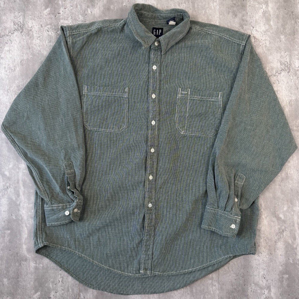 Vintage Gap Shirt Mens XL Green Micro Check Long Sleeve Pockets Casual